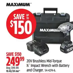 Canadian Tire MAXIMUM 20V Brushless Mid-Torque 1⁄2˝ Impact Wrench with Battery and Charger offer