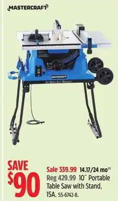 Canadian Tire Mastercraft 10˝ Portable Table Saw with Stand 15A offer