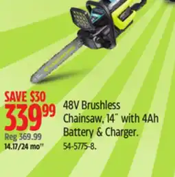 Canadian Tire Yardworks 48V Brushless Chainsaw, 14 with 4Ah Battery & Charger offer