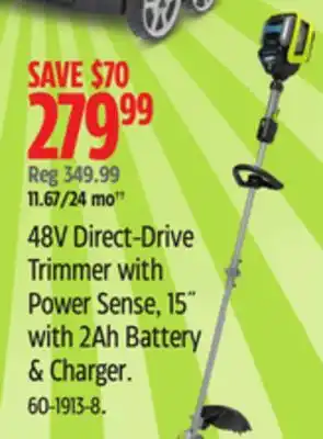 Canadian Tire Yardworks 48V Direct-Drive Trimmer with Power Sense, 15 with 2Ah Battery & Charger offer