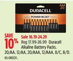 Canadian Tire Duracell Alkaline Battery Packs. 20/AA, 12/AA, 20/AAA, 12/AAA, 8/C, 8/D offer