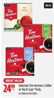 Canadian Tire Selected Tim Hortons Coffee or Tea K-Cup Pods offer