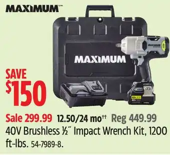 Canadian Tire MAXIMUM 40V Brushless 1⁄2˝ Impact Wrench Kit, 1200 ft-lbs offer