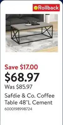 Walmart Safdie & Co. Coffee Table 48L Cement offer