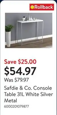 Walmart Safdie & Co. Console Table 31L White Silver Metal offer