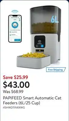 Walmart PAPIFEED Smart Automatic Cat Feeders (6L/25 Cup) offer