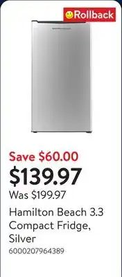 Walmart Hamilton Beach 3.3 Compact Fridge, Silver offer