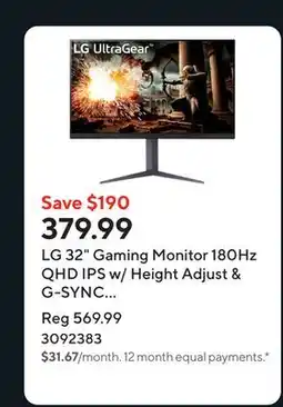 Staples LG 32 Gaming Monitor 180Hz QHD IPS w/ Height Adjust & G-SYNC compatible offer