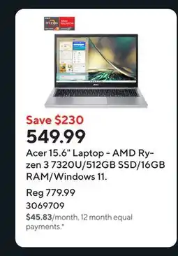 Staples Acer 15.6 Laptop - AMD Ryzen 3 7320U/512GB SSD/16GB RAM/Windows 11 offer