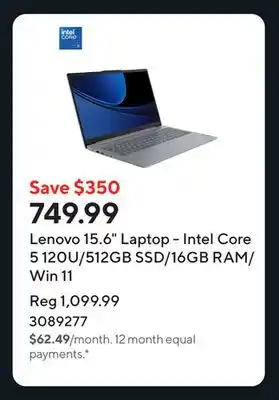 Staples Lenovo 15.6 Laptop - Intel Core 5 120U/512GB SSD/16GB RAM/Win 11 offer