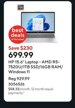 Staples HP 15.6 Laptop - AMD R5-7520U/1TB SSD/16GB RAM/Windows 11 offer