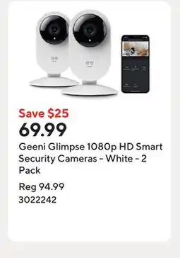 Staples Geeni Glimpse 1080p HD Smart Security Cameras - White - 2 Pack offer