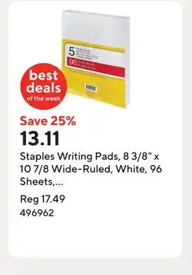 Staples Staples Writing Pads, 8 3/8 x 10 7/8 Wide-Ruled, White, 96 Sheets, 5 pk offer