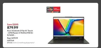 Staples Asus Vivobook S Flip 16 Touch - AMD Ryzen 5 7530U/1TB SSD/16GB RAM/Windows 11 Home offer