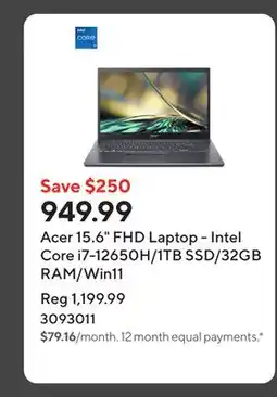 Staples Acer 15.6 FHD Laptop - Intel Core i7-12650H/1TB SSD/32GB RAM/Win11 offer