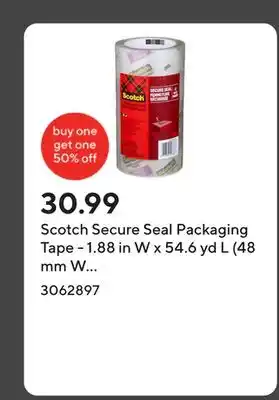 Staples Scotch Secure Seal Packaging Tape - 1.88 in W x 54.6 yd L (48 mm W x 50 m L) - 4 Roll Pack offer