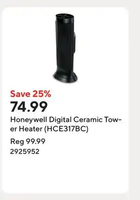 Staples Honeywell Digital Ceramic Tower Heater (HCE317BC) offer