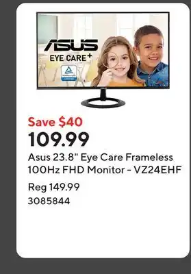 Staples Asus 23.8 Eye Care Frameless 100Hz FHD Monitor - VZ24EHF offer