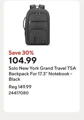 Staples Solo New York Grand Travel TSA Backpack For 17.3 Notebook - Black offer