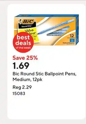 Staples Bic Round Stic Ballpoint Pens, Medium, 12pk offer