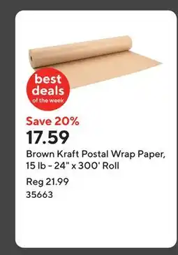 Staples Brown Kraft Postal Wrap Paper, 15 lb - 24 x 300' Roll offer