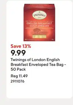 Staples Twinings of London English Breakfast Enveloped Tea Bag - 50 Pack offer