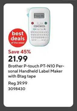 Staples Brother P-touch PT-N10 Personal Handheld Label Maker with Btag tape offer