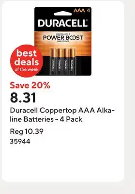 Staples Duracell Coppertop AAA Alkaline Batteries - 4 Pack offer