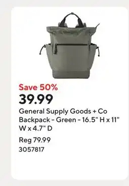 Staples General Supply Goods + Co Backpack - Green - 16.5 H x 11 W x 4.7 D offer