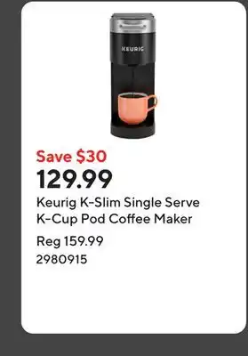 Staples Keurig K-Slim Single Serve K-Cup Pod Coffee Maker offer