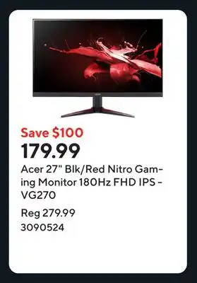 Staples Acer 27 Blk/Red Nitro Gaming Monitor 180Hz FHD IPS - VG270 offer