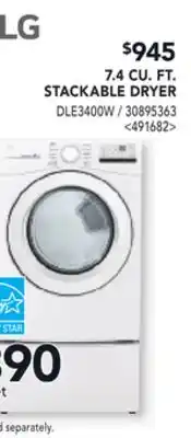 RONA LG 7.4 CU. FT. STACKABLE DRYER offer