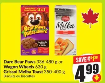 FreshCo Dare Bear Paws 336-480 g or Wagon Wheels 630 g Grissol Melba Toast 350-400 g offer