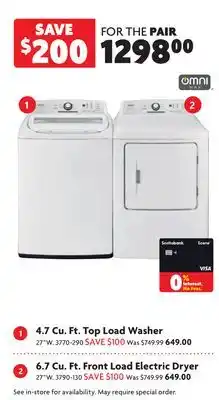 Home Hardware 4.7 Cu. Ft. Top Load Washer and 6.7 Cu. Ft. Front Load Electric Dryer offer