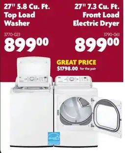 Home Hardware 27 5.8 Cu. Ft. Top Load Washer, 27 7.3 Cu. Ft. Front Load Electric Dryer offer