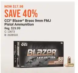 Cabela's CCI Blazer Brass 9mm FMJ Pistol Ammunition offer