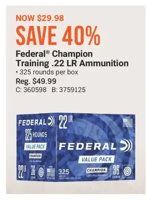 Cabela's Federal Champion Training. 22 LR Ammunition offer