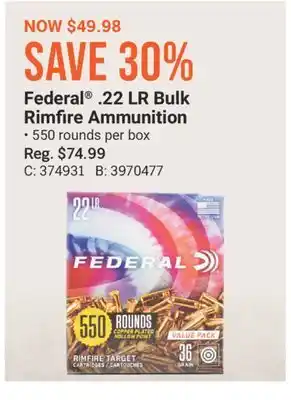 Cabela's Federal . 22 LR Bulk Rimfire Ammunition offer