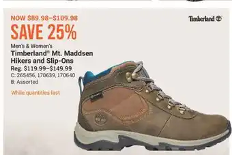 Cabela's Men's & Women's Timberland Mt. Maddsen Hikers and Slip-Ons offer