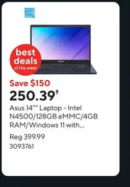 Staples Asus 14 Laptop - Intel N4500/128GB eMMC/4GB RAM/Windows 11 with 1-year of Microsoft 365 offer