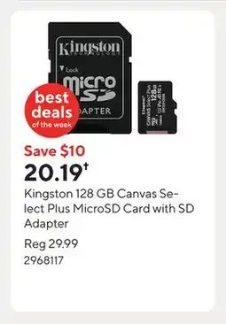 Staples Kingston 128 GB Canvas Select Plus MicroSD Card with SD Adapter offer