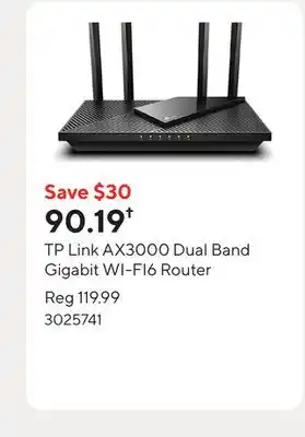 Staples TP Link AX3000 Dual Band Gigabit WI-FI6 Router offer