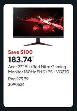 Staples Acer 27 Blk/Red Nitro Gaming Monitor 180Hz FHD IPS - VG270 offer