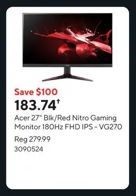 Staples Acer 27 Blk/Red Nitro Gaming Monitor 180Hz FHD IPS - VG270 offer