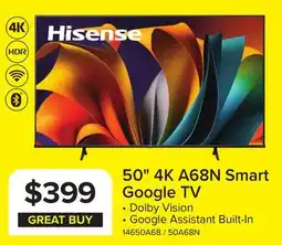 Leon's Hisense 50 4K Smart Google AI Upscaler LED TV - 50A68N offer