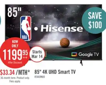 The Brick Hisense 85 4K UHD HDR10 Dolby Vision 60Hz Google Smart TV (85A68N) offer