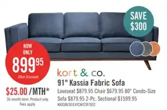 The Brick Kort & Co. Kassia 90.6 Linen-Look Fabric Sofa with Wood Base and Legs - Blue offer