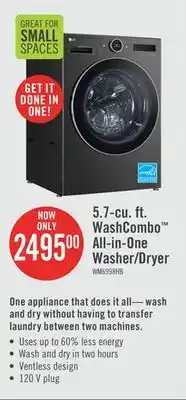 The Brick LG 5.7 Cu. Ft. Smart Front-Load High-Efficiency Steam All-in-One Laundry - Black Steel - WM6998HBA offer