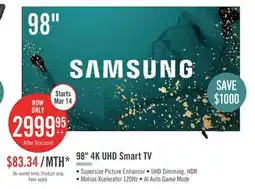 The Brick Samsung 98 4K UHD Edge Lit Dynamic Crystal Colour HDR10+ 120Hz Smart TV (UN98DU9000FXZC) offer