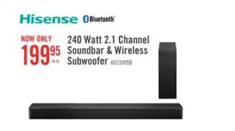 The Brick Hisense 2.1 CH Dolby Audio DTS Virtual:X Soundbar with Wireless 240W Subwoofer (HS2100) offer